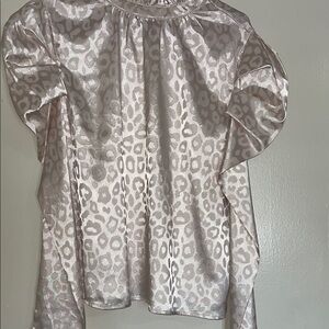 Satin Leopard Print Puff Sleeve Blouse - Light Pink